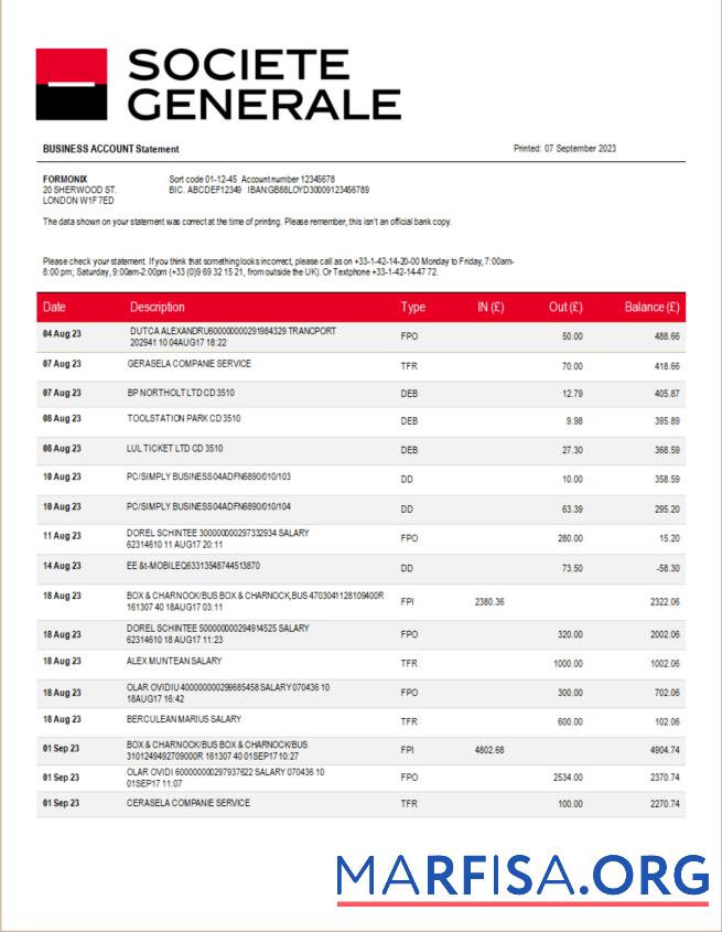 Downloadable Societe Generale Bank firm account statement Word and PDF template
